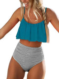 Striped bikini swimsuit with ruffle trim in solid colour, showing briefs-style bottoms and backless design