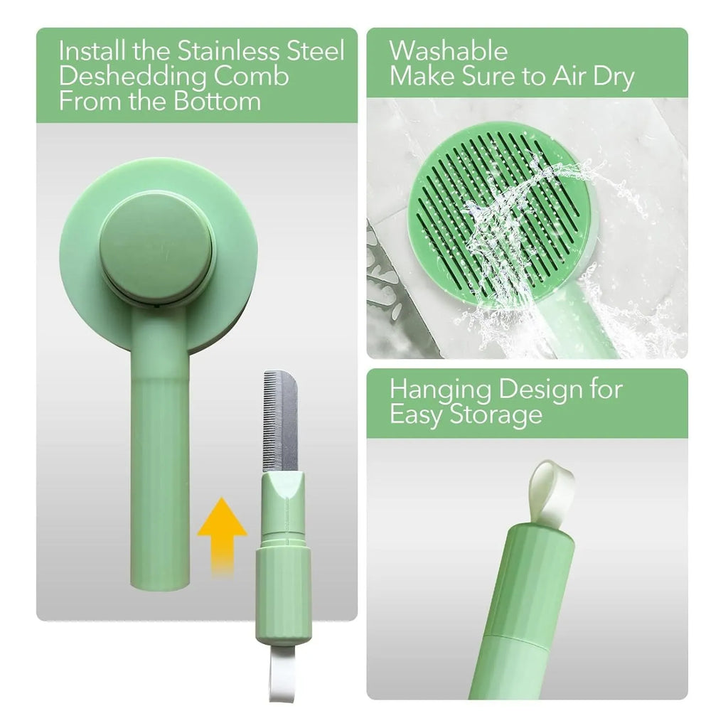 Green and yellow pet deshedding brush with stainless steel teeth and hanging loop