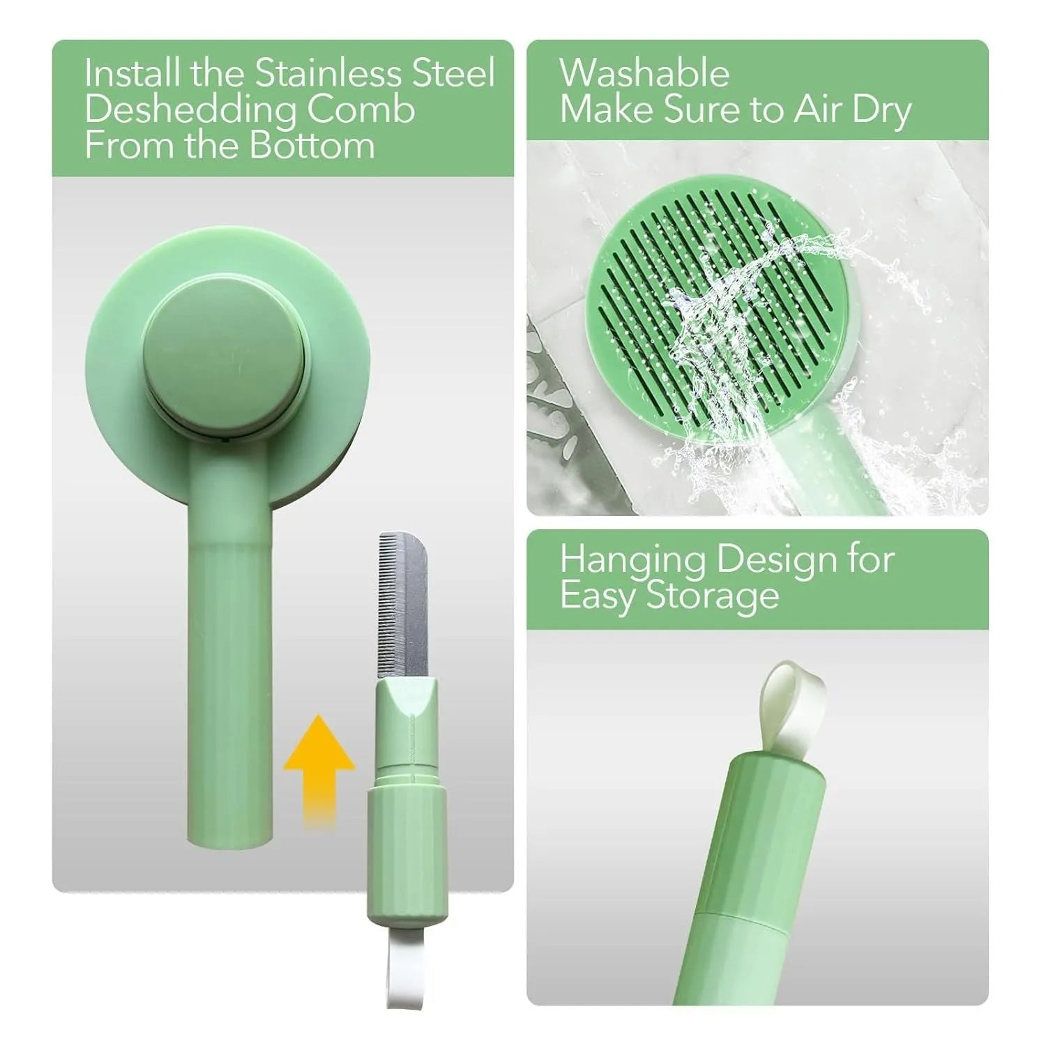 Green and yellow pet deshedding brush with stainless steel teeth and hanging loop