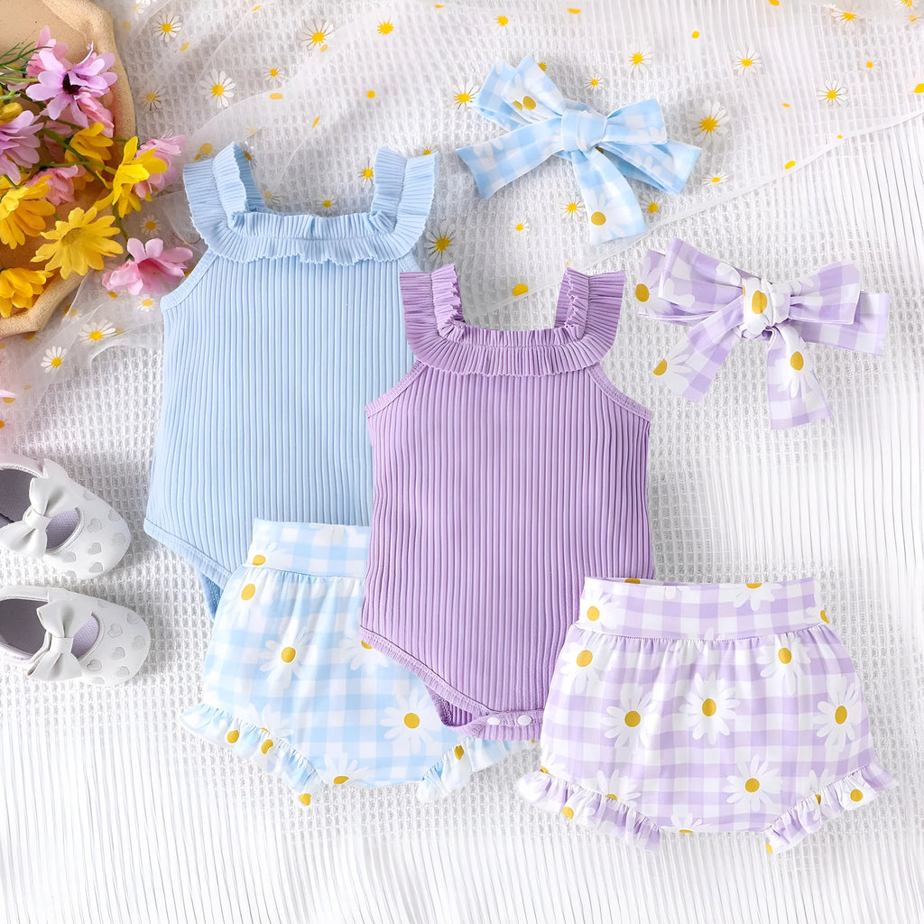 Cotton sunken stripe sling romper two-piece set for baby girls in violet and sky blue