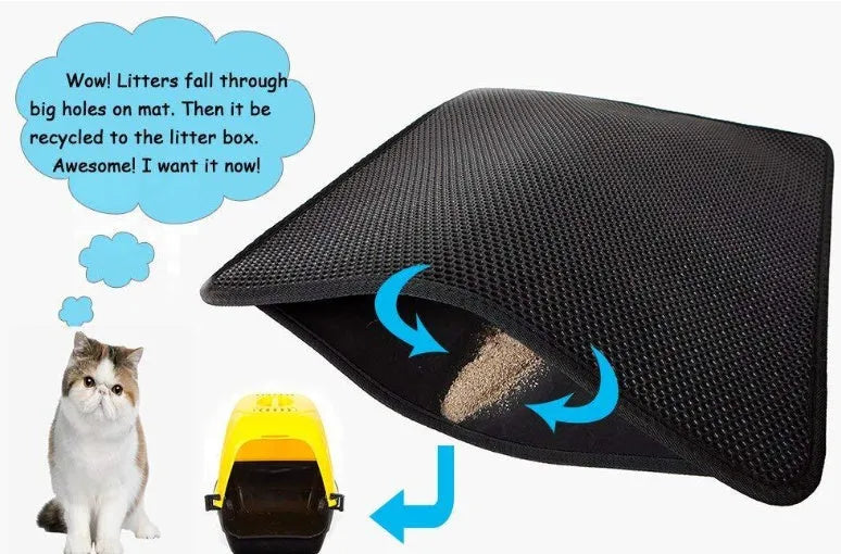 Waterproof EVA cat litter mat with double-layer honeycomb surface, available in black or grey and four sizes.
