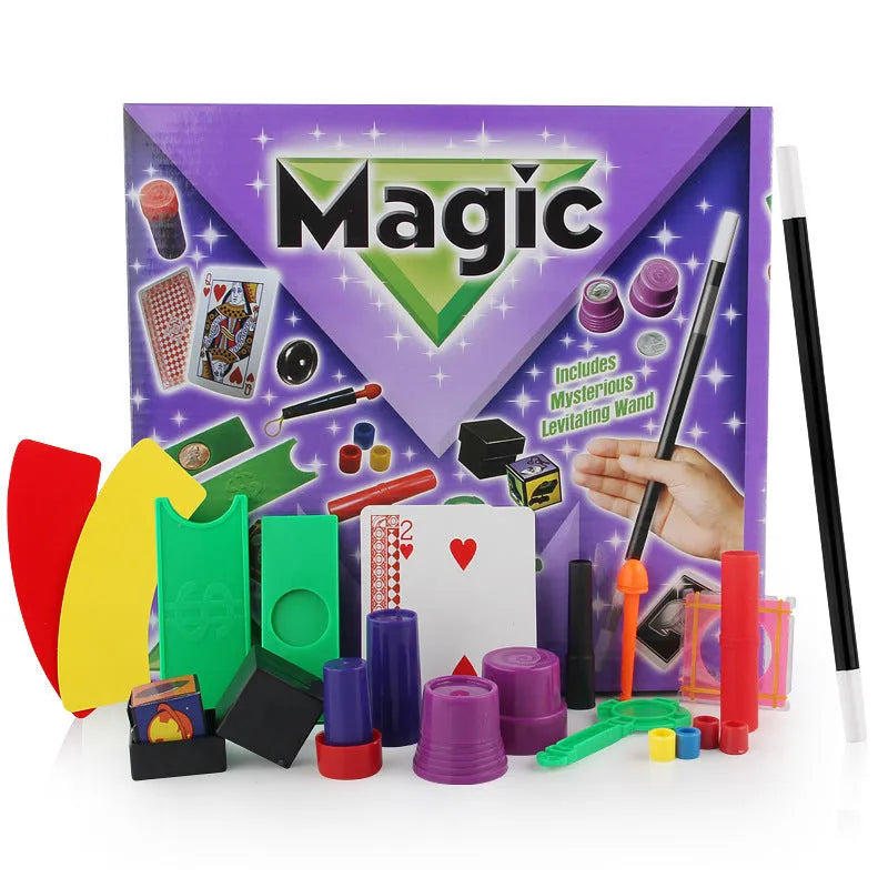 Purple and red plastic magic prop toy set for children in a carton box.