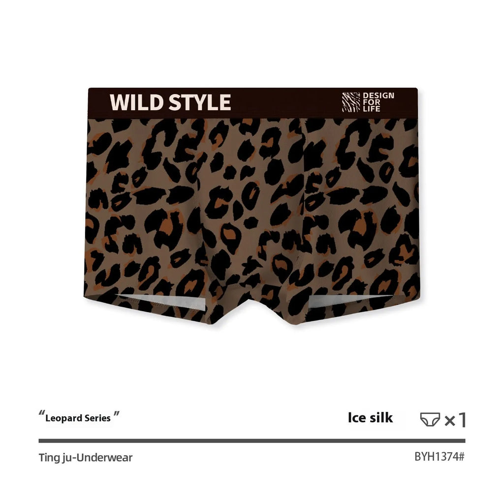 Men's leopard print ice silk underwear in polyester mid waist brief design