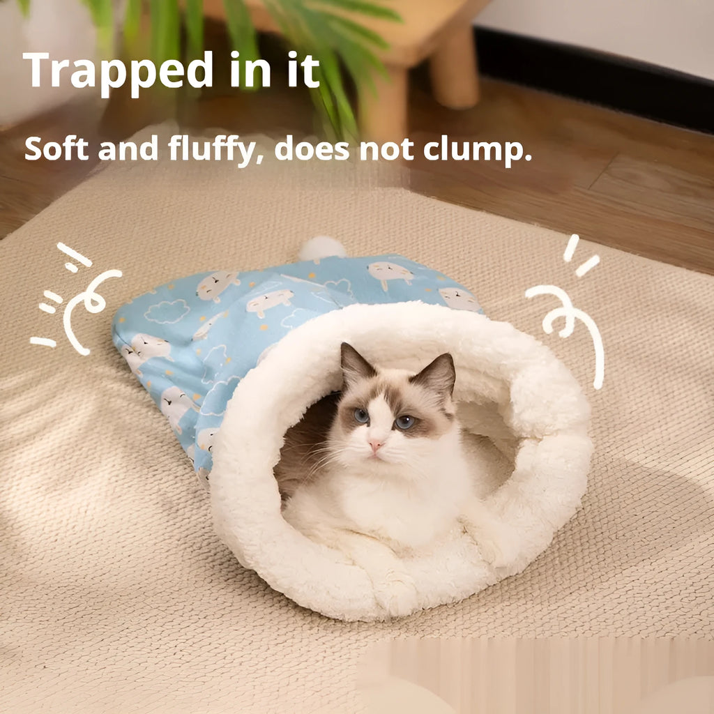 Soft flannel pet sleeping bag nest for cats, measuring 50 by 40 centimetres, in pink Trojan or blue rabbit design.