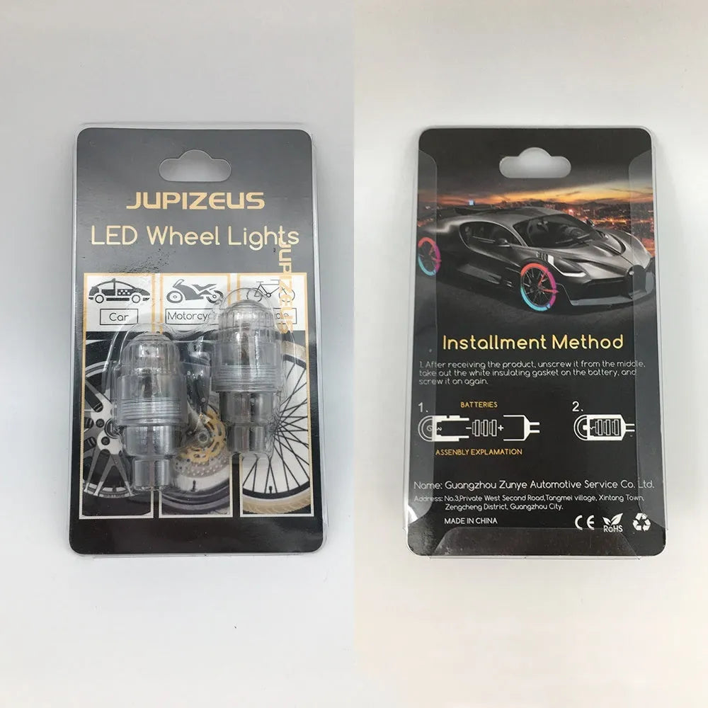 Two LED wheel valve lamps in ABS casing, 4cm size, for bicycle or car tyre valve attachment
