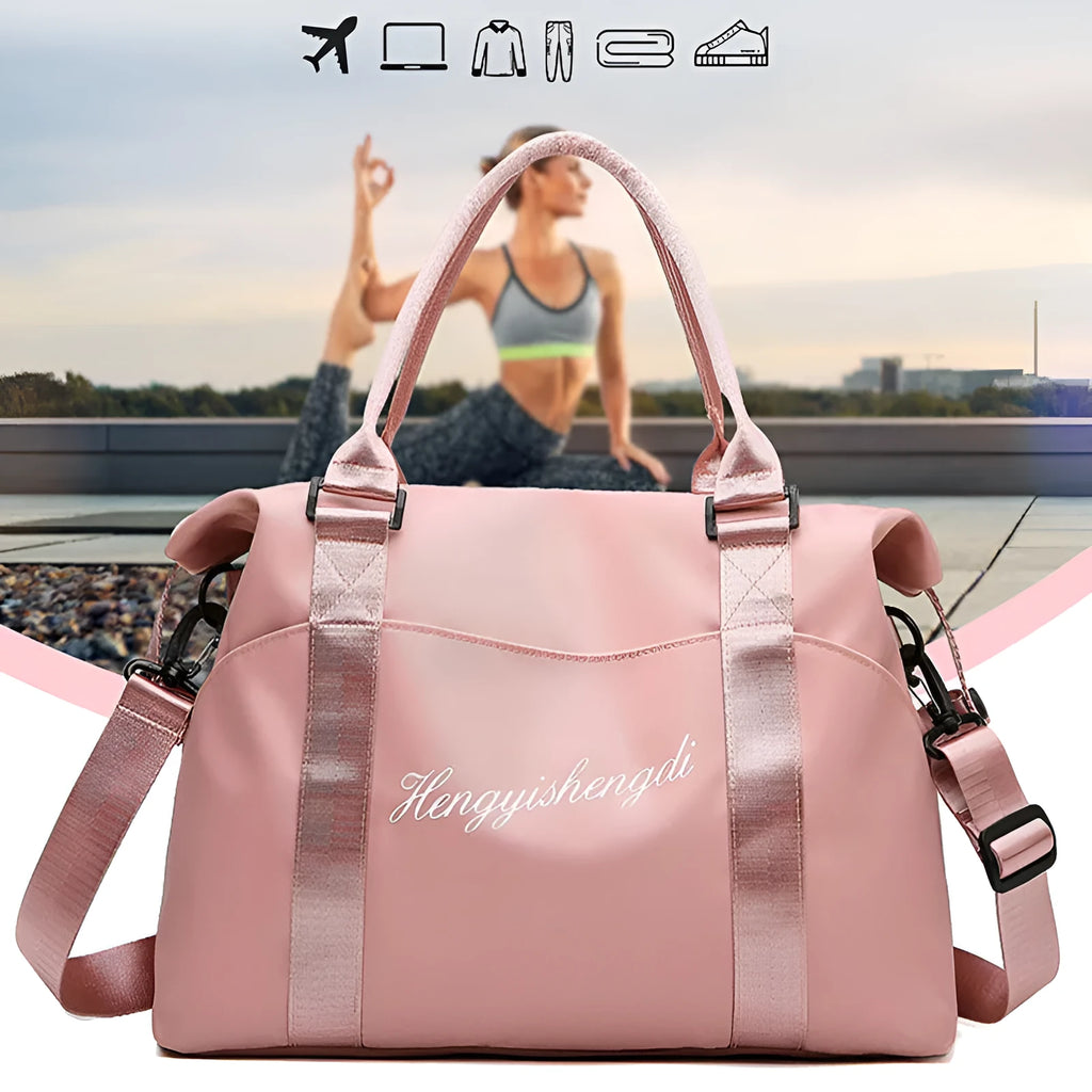 Medium fitness sports travel duffel bag in Oxford cloth with zip closure, soft handle, and luggage belt