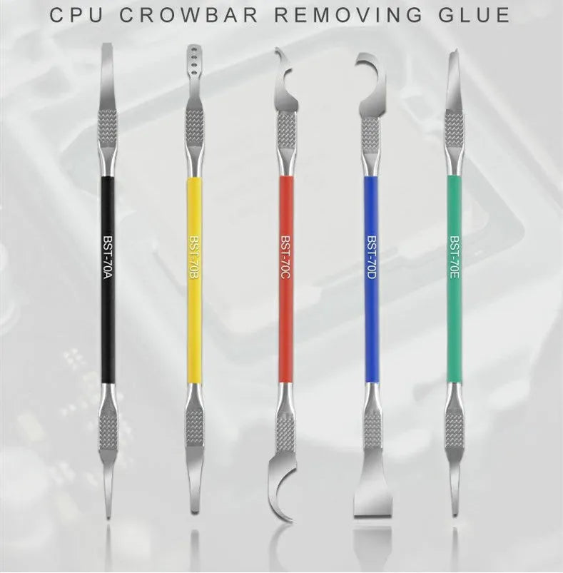 Five-piece plastic tool disassembly set with stainless steel crowbar blades for component removal