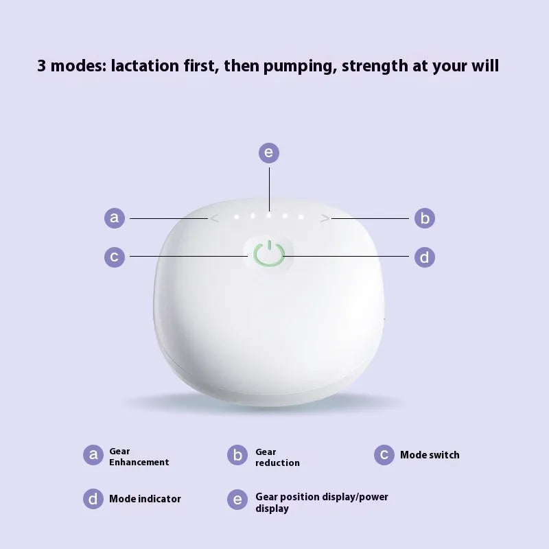 Electric wearable breast pump in polypropylene with USB charging, available in white, pink, and light purple