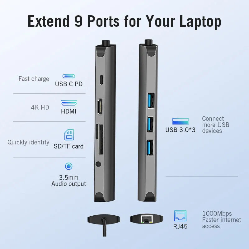 Deep grey Type-C to HDMI USB3.0 Ethernet adapter hub with SD and TF card slots on a desk.