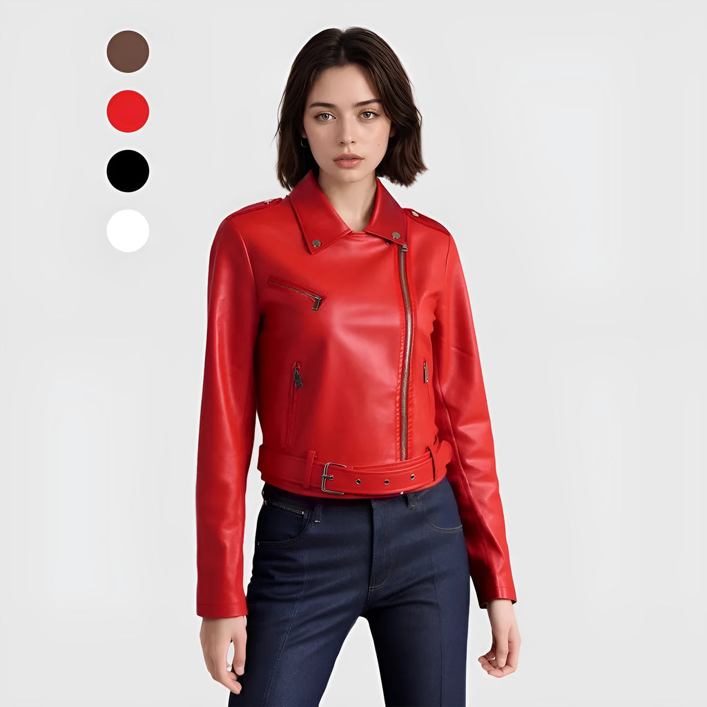 Women's black PU leather motorbike jacket with a lapel collar and waist belt.