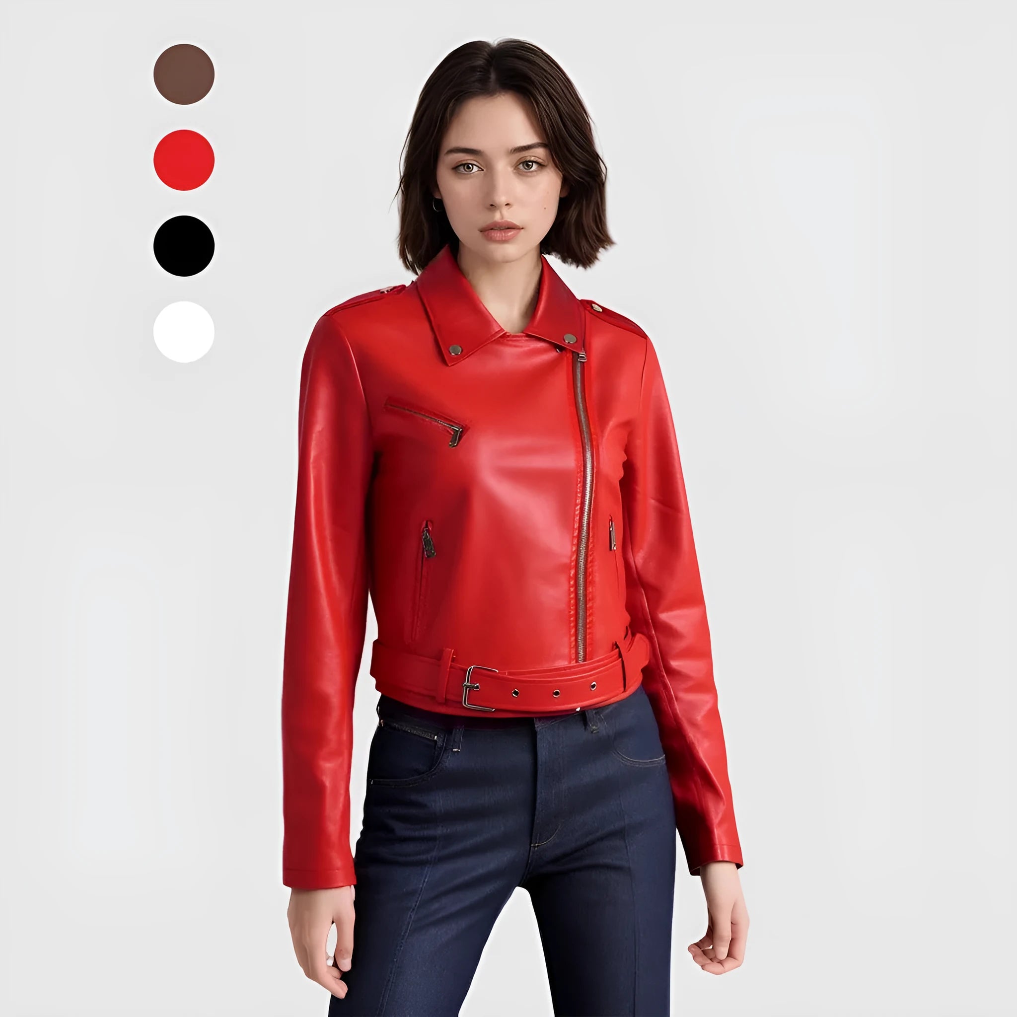Women's black PU leather motorbike jacket with a lapel collar and waist belt.