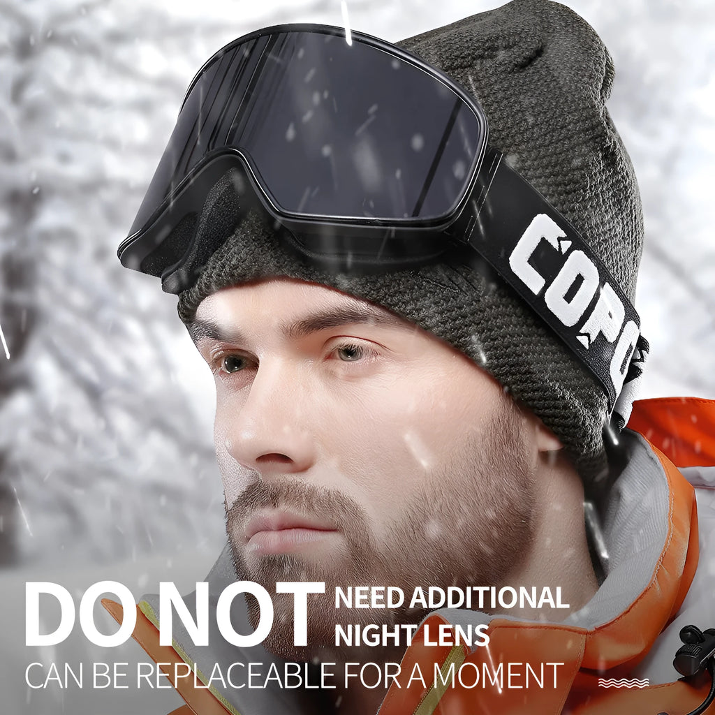 Magnet myopia ski goggles with double-layer PC+TPU construction, anti-fog, and night vision, in blue frame