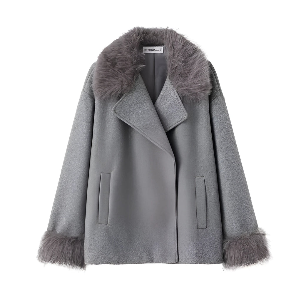 Women's mid-length gray hooded cape coat with belt and removable raccoon fur collar over 100cm long