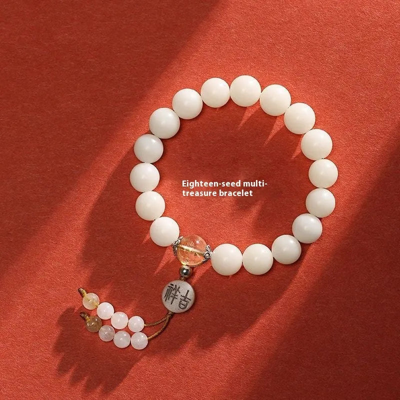 White jade bodhi couple bracelet with ruyi element and 10mm round beads.