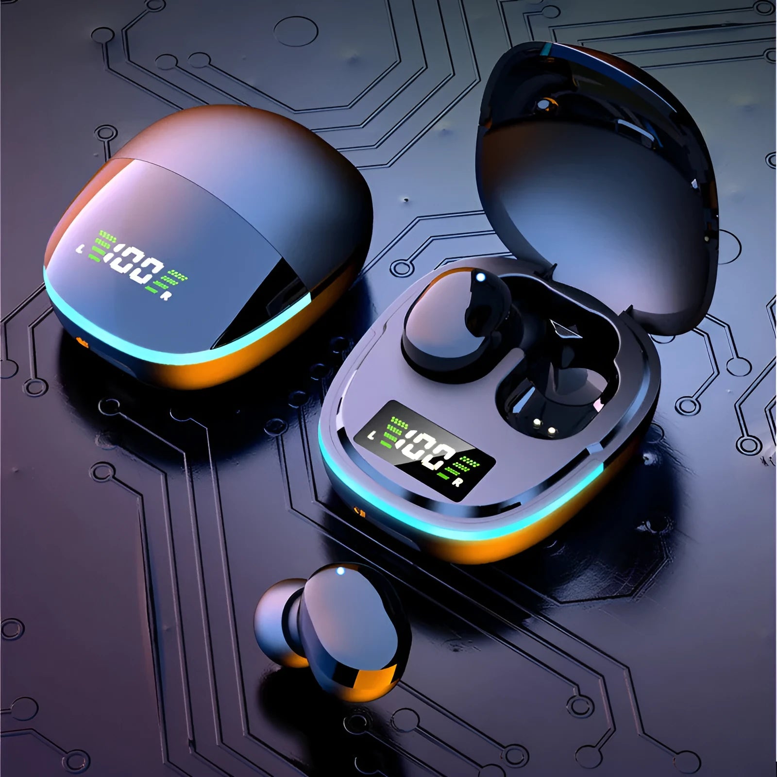 Black wireless Bluetooth in-ear headphones and magnetic charging case on a table.