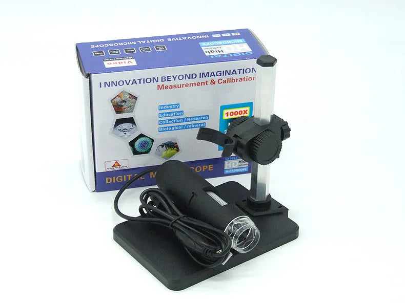 USB microscope camera with 8 white-light LEDs and manual focus ring, black casing, on white background