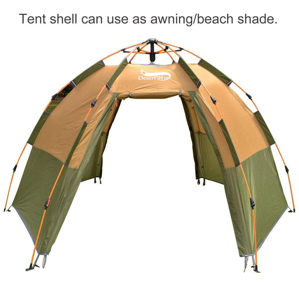 Khaki fully automatic hexagonal camping tent set up outdoors with two doors and dome shape, for 5-8 people