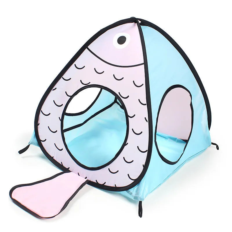 Foldable pet tent cat tunnel with cat and fish design for indoor pet play