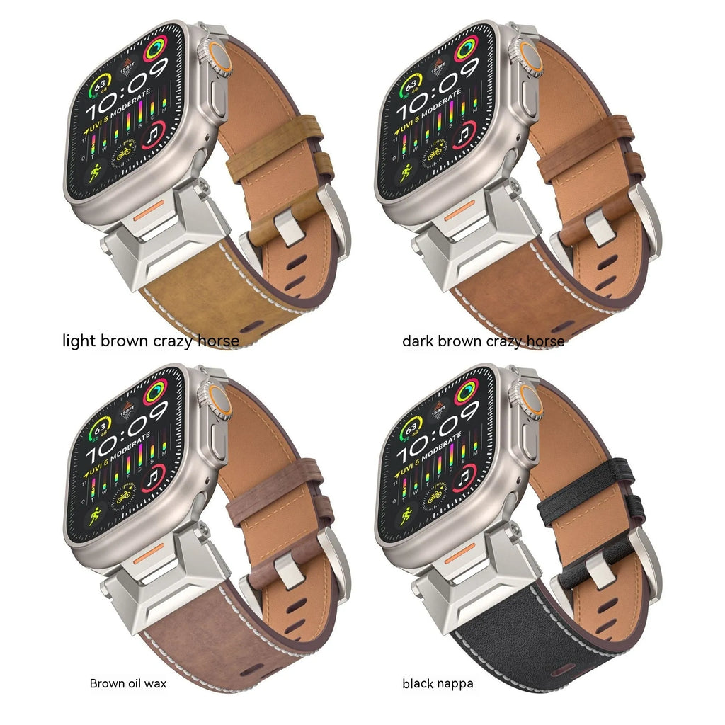 Business style belt watch band for Apple Watch 42-49mm, Black Napa leather strap on a wooden surface