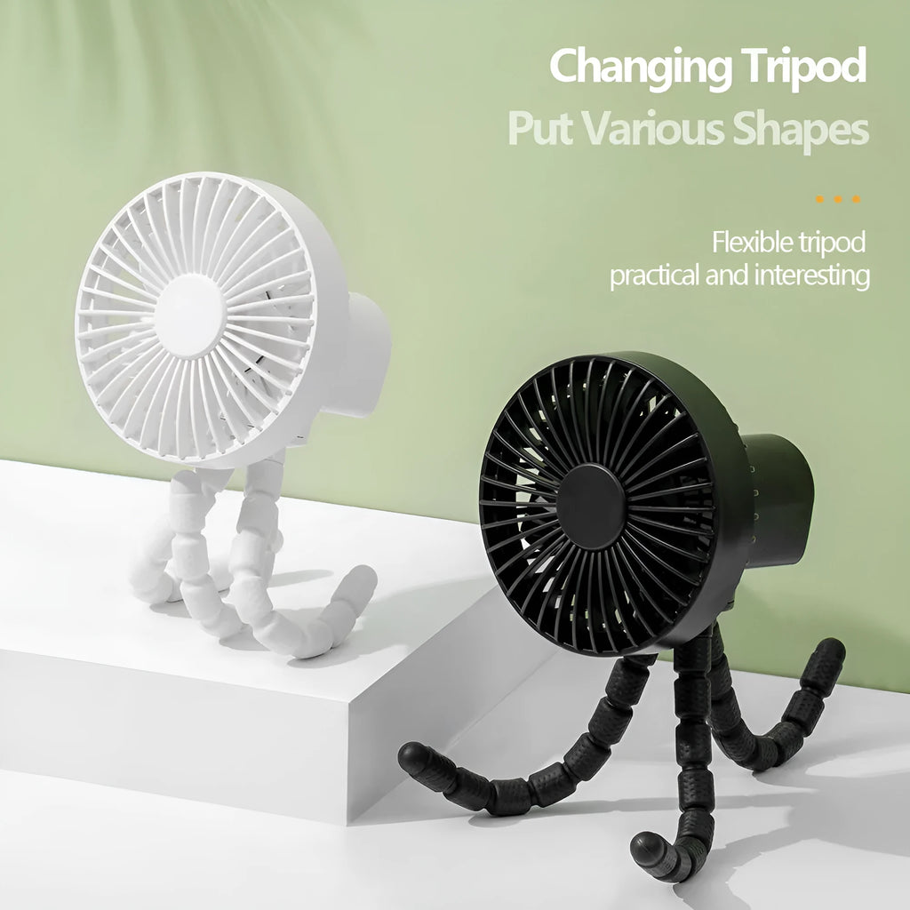Adjustable tripod desktop fan with a bending head in black, shown in handheld and desktop positions.