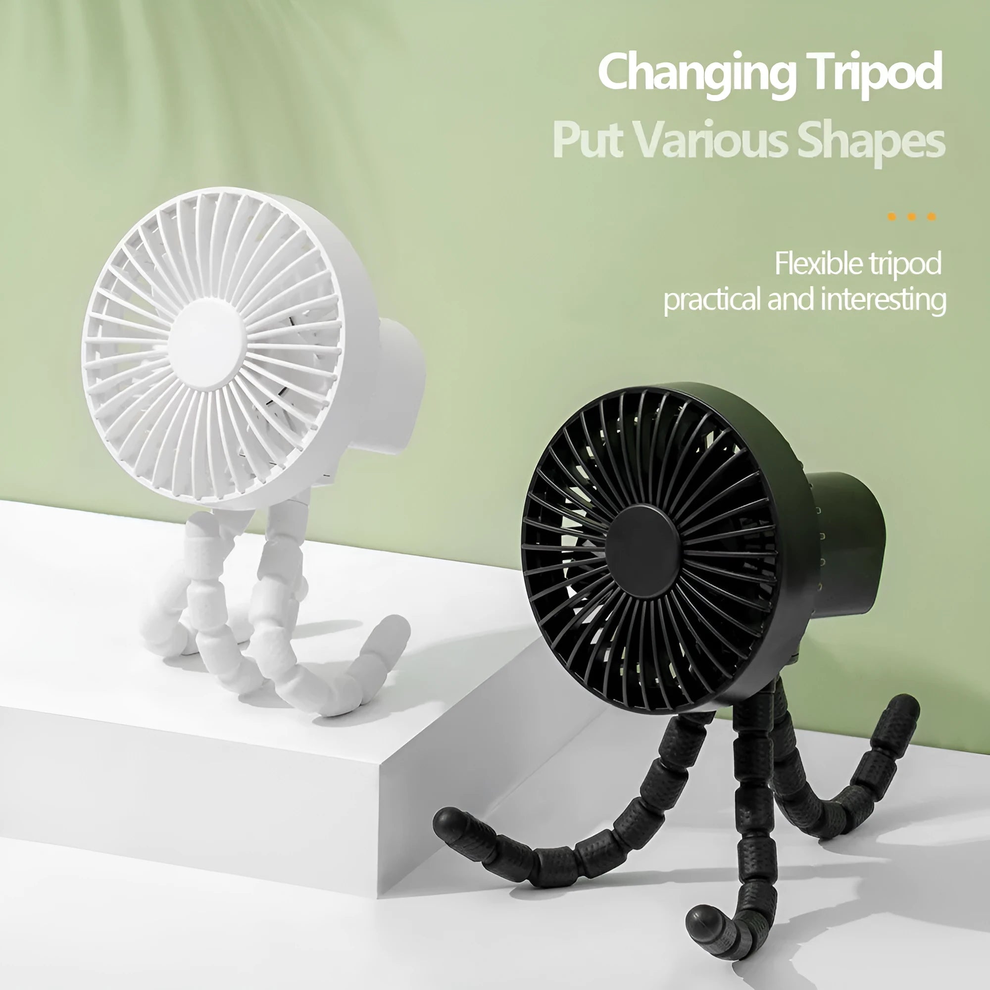 Adjustable tripod desktop fan with a bending head in black, shown in handheld and desktop positions.