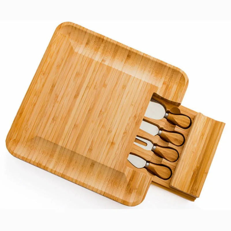 Square bamboo cutting board with knife drawer and natural wood colour finish