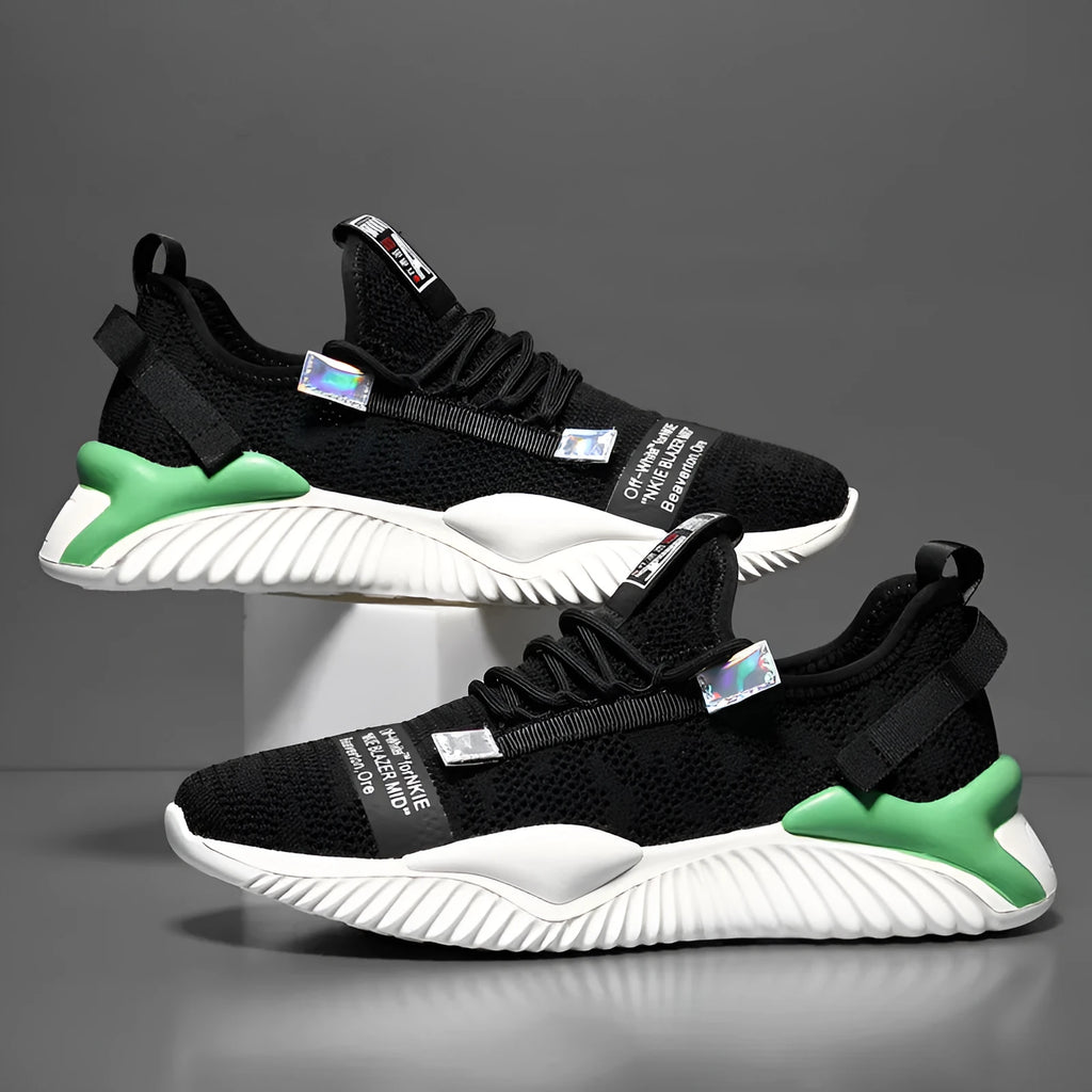 Men's breathable mesh trainers with flying woven upper and rubber plastic sole, white or black, sizes 38-44 EU