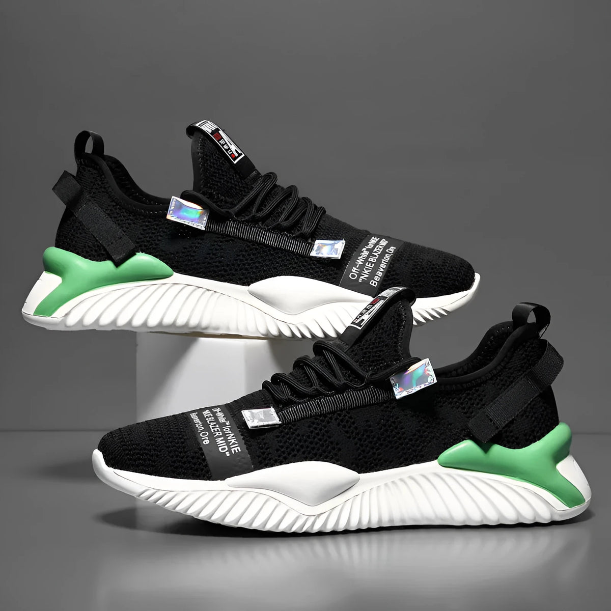 Men's breathable mesh trainers with flying woven upper and rubber plastic sole, white or black, sizes 38-44 EU