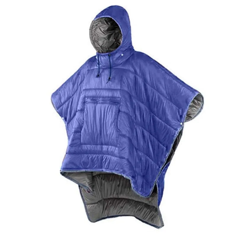 Army Green outdoor cloak sleeping bag worn as cape with 200x140cm dimensions and hollow cotton insulation