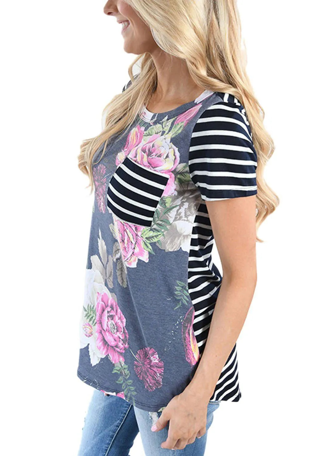 Summer striped breastfeeding top for pregnant women, slim fit, short sleeves, round collar, in green colour