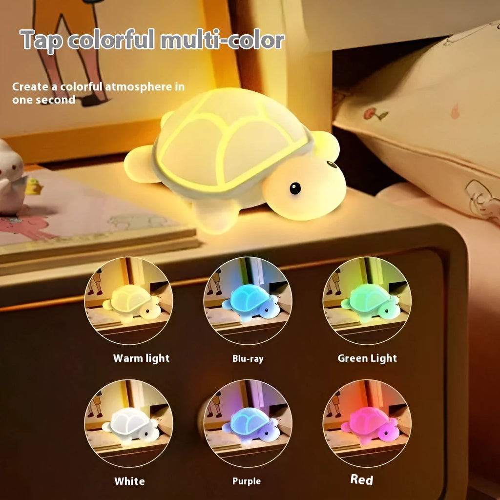 Cute turtle silicone USB rechargeable night light on a bedside table, soft glow, low voltage