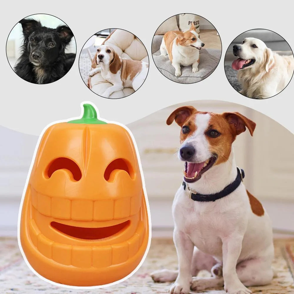 Yellow pumpkin-shaped TPR dog chew toy for aggressive chewers