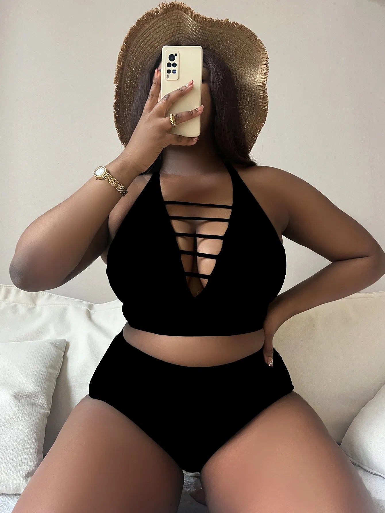Plus size women's halter bikini set with adjustable cross straps and high waist briefs
