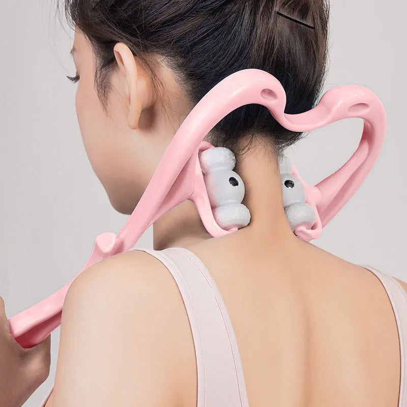 Blue handheld deep tissue neck massager with 360-degree roller and acupressure nodes on a white background.