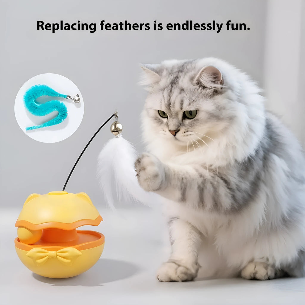 Electric self-righting cat tumbler toy in lemon yellow, sky blue, and soft fog grey colours.