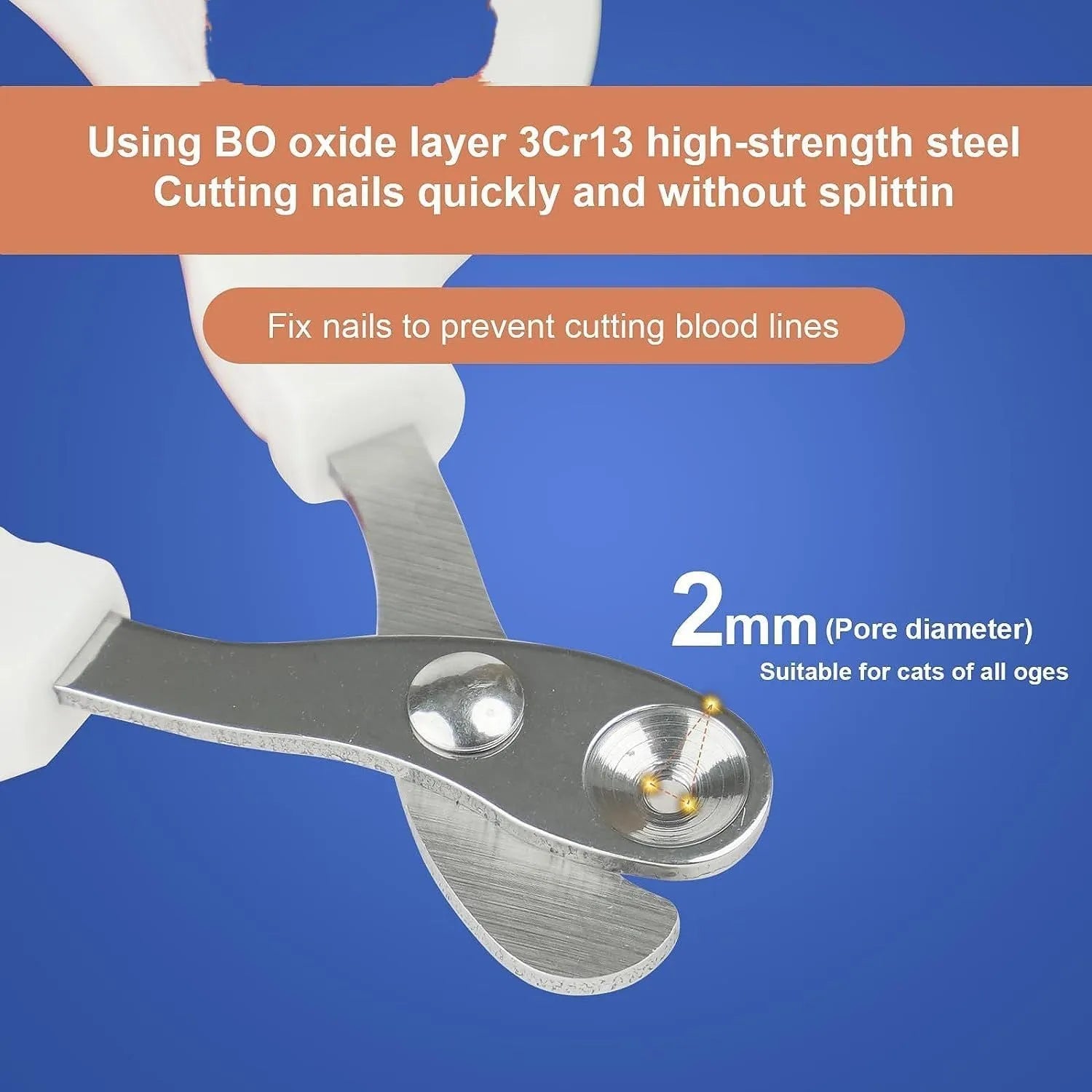 Blue handled pet nail clippers showing circular cut hole with 2mm fixed aperture and stainless steel blade.