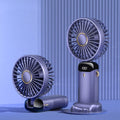 Blue portable handheld electric fan showing foldable design, LED display, and included neck lanyard