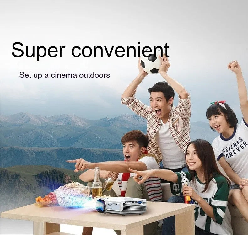 Portable HD 1080p projector in white with remote control, placed on a tabletop