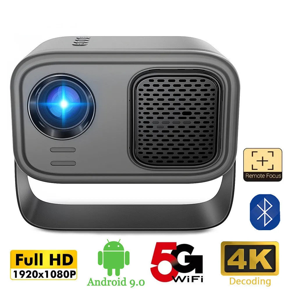 Black portable HD projector with remote control for home office use