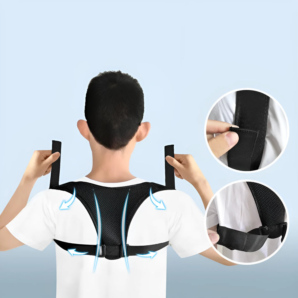 Black non-woven posture correction belt on a light background showing adjustable straps and size options S to XL