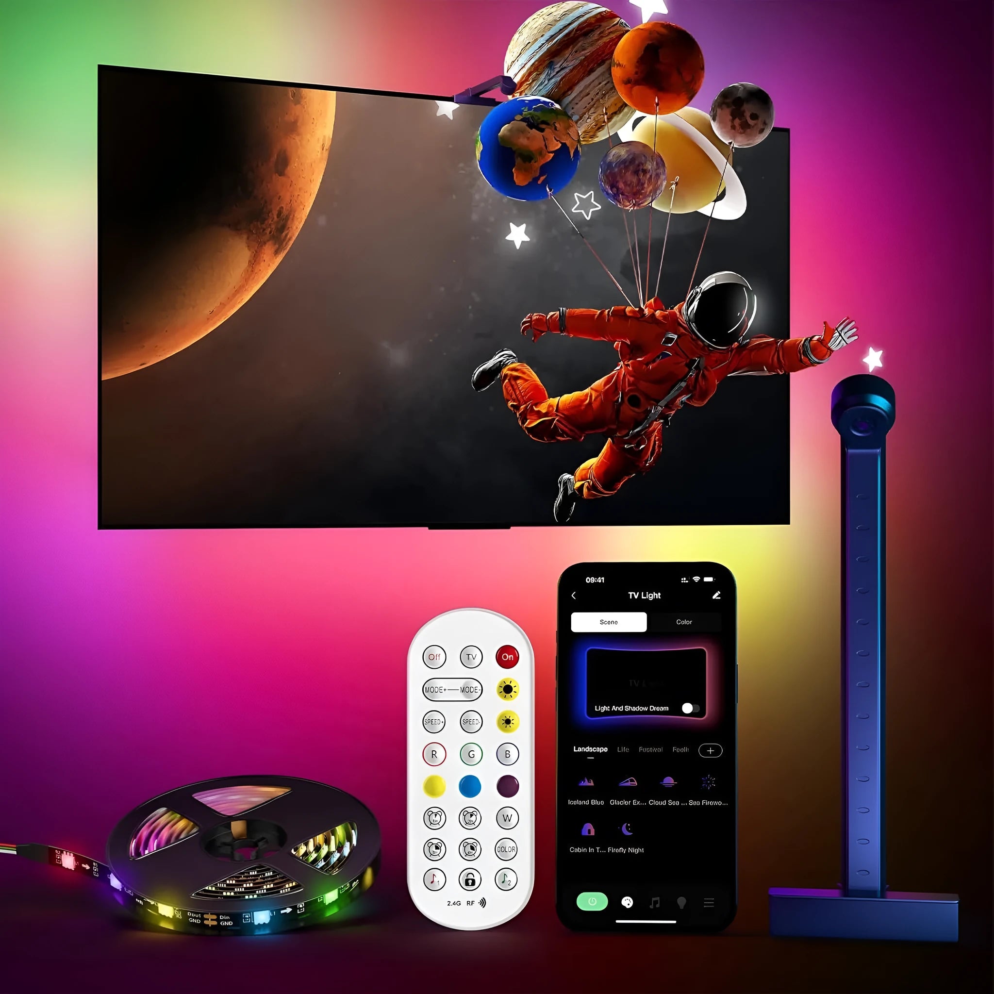 5-metre RGB LED light strip for desk and TV backlighting with USB cable and remote control.