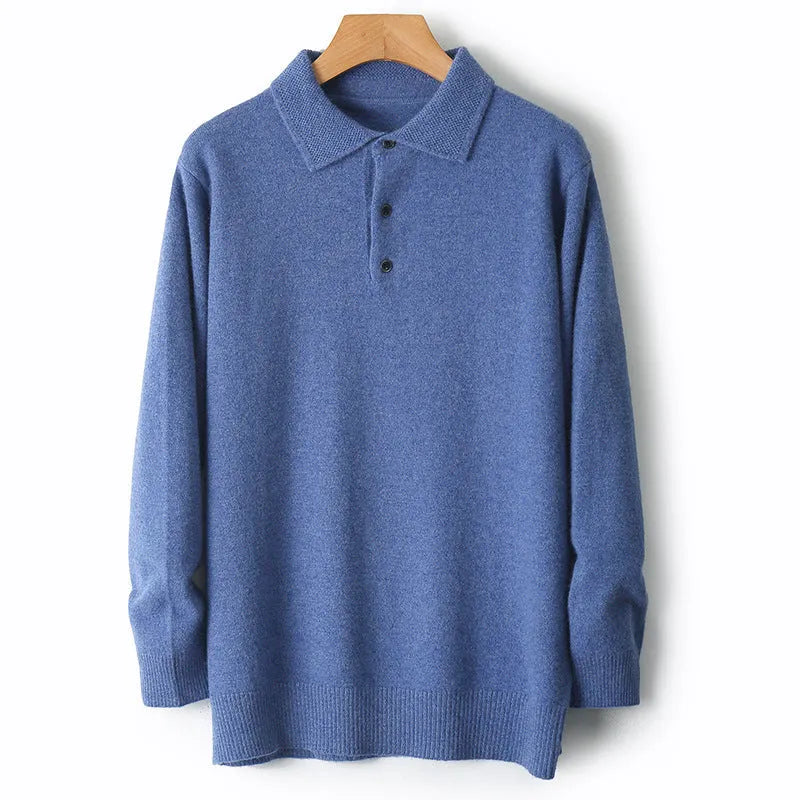 Man wearing a grey woolen polo collar sweater pullover with long sleeves.