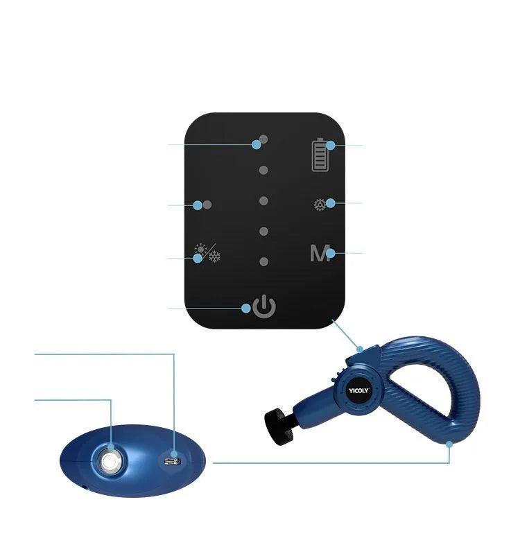 Black smart muscle massage gun with five different massage head attachments on a grey background.
