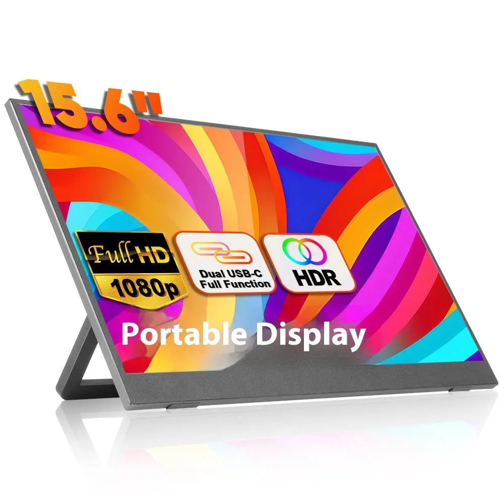 Black 15.6-inch portable computer monitor with adjustable stand on desk