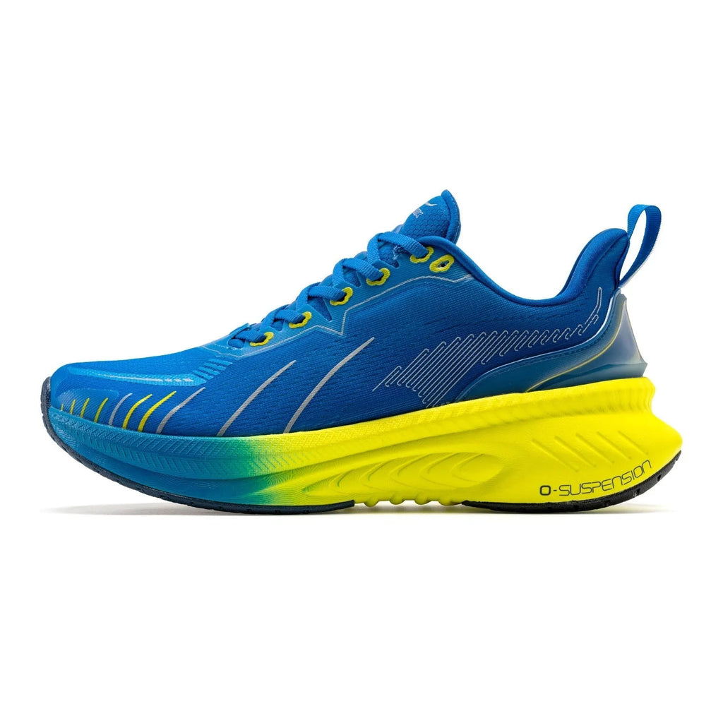 Low-top running shoes in various colours with PU mesh upper and rubber sole for shock absorption.