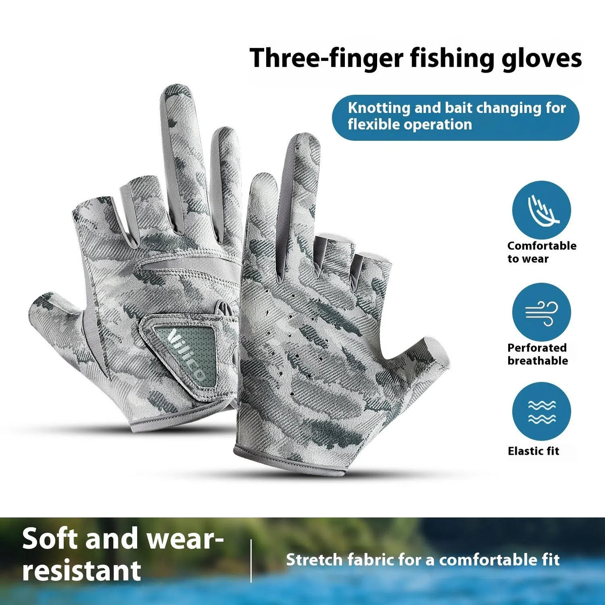Exposed three-finger polyester fishing gloves in black or grey, sizes M and L, with non-slip function