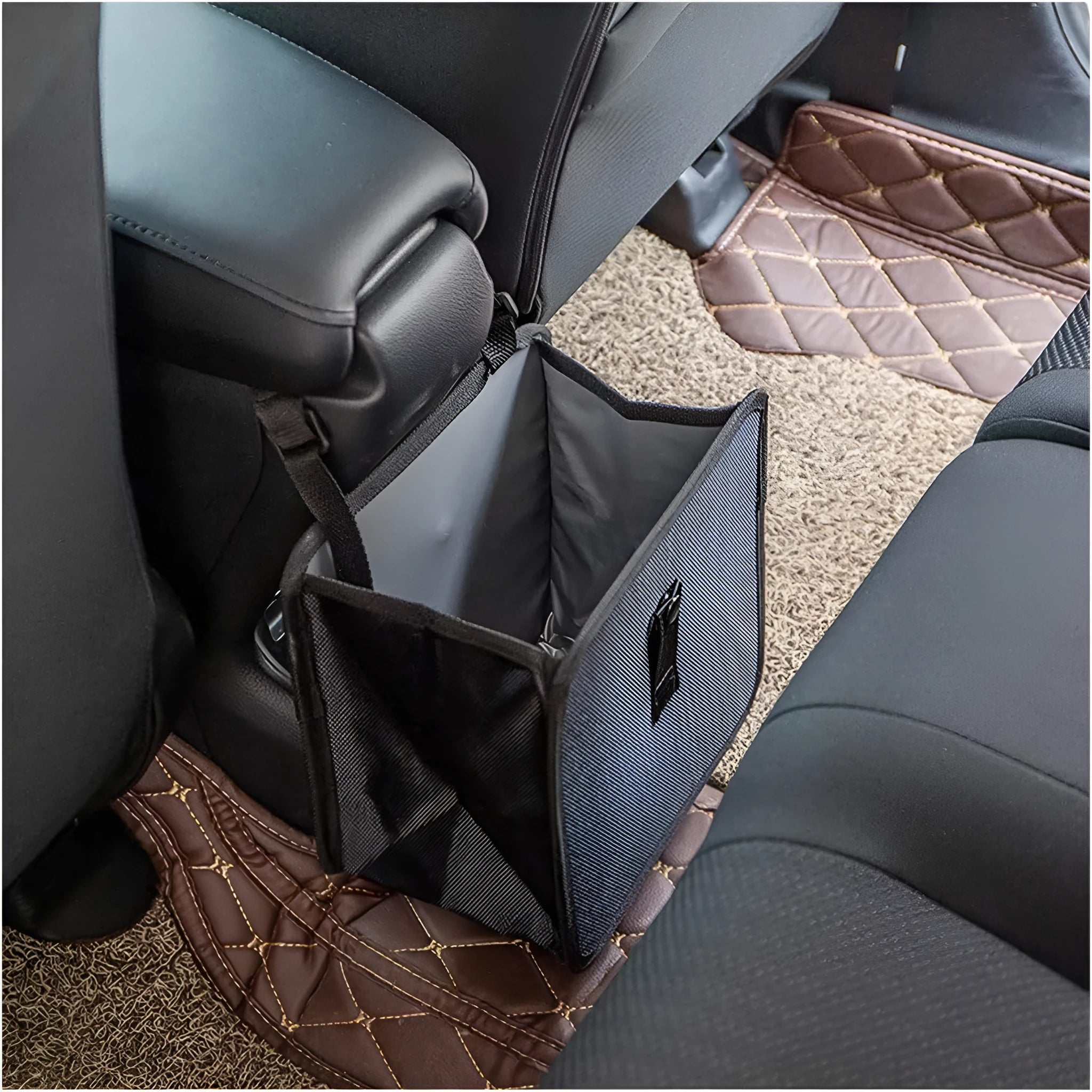 Black car hanging trash can with handle, made from Oxford cloth, shown folded and open