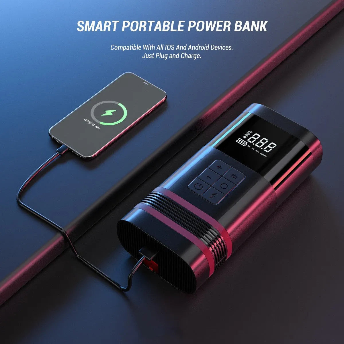 Black wireless car jump starter power bank with 100W output measuring 19.5cm long