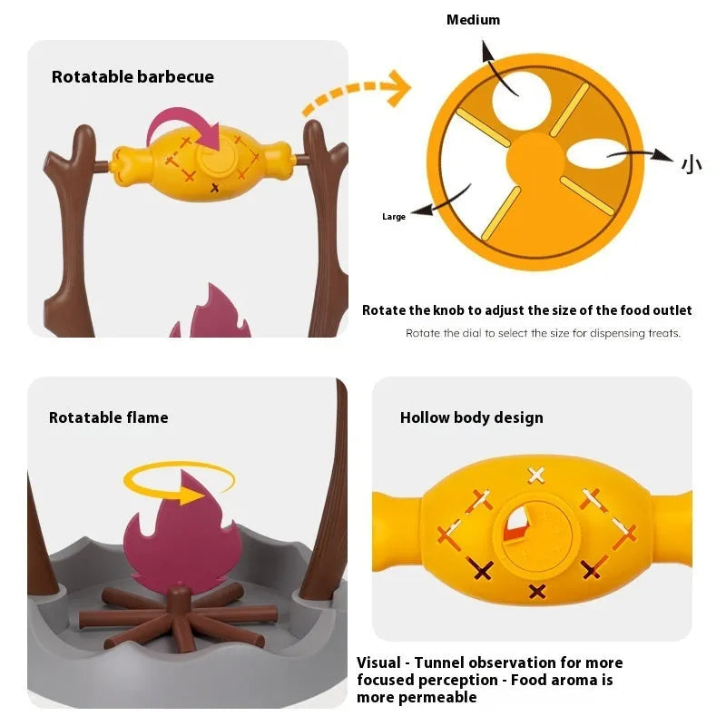 Barbecue-shaped tumbling cat toy with food dispenser, measuring 30x30x29 cm.