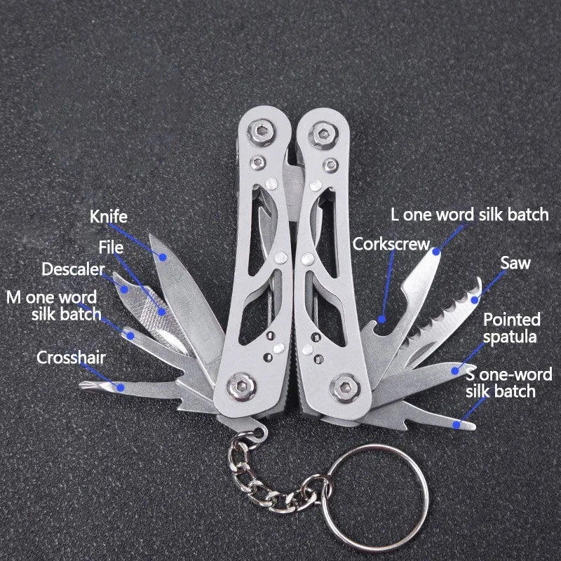 All steel multi-function pliers in black and silver grey with 14-in-one functions, 420 steel body, and 15.6cm developed length
